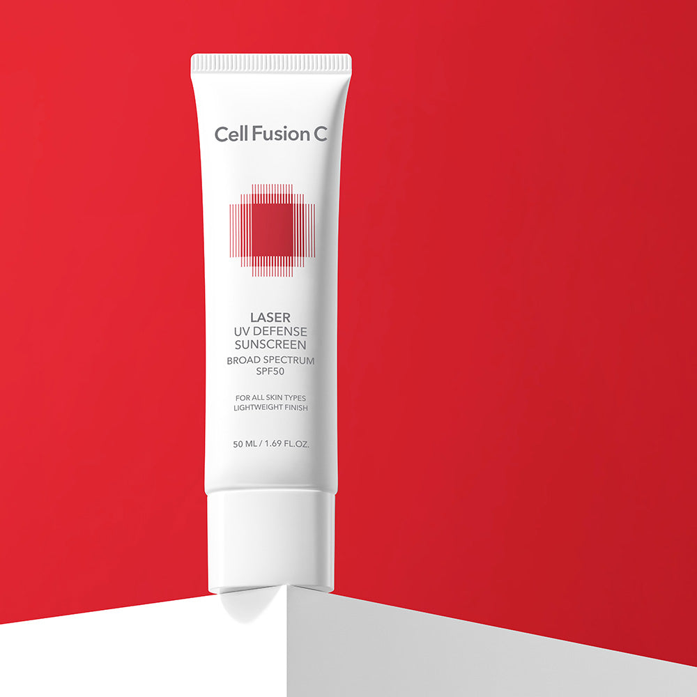 CellFusionC Laser UV Defense Sunscreen OTC 50ml+50ml — two slim white tubes standing upright on neutral background