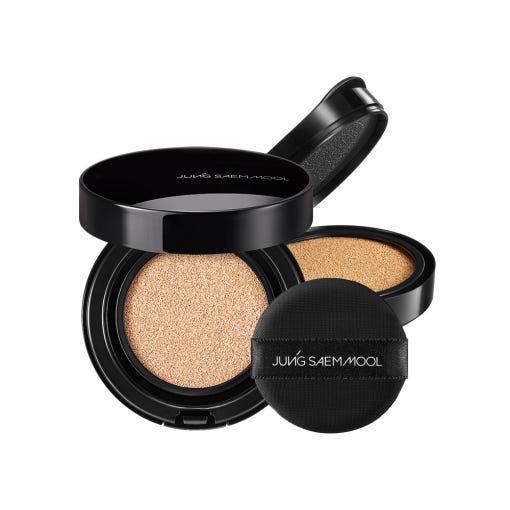 Jung Saem Mool Skin Nuder Longwear Cushion Medium Deep — open compact with tan-toned puff