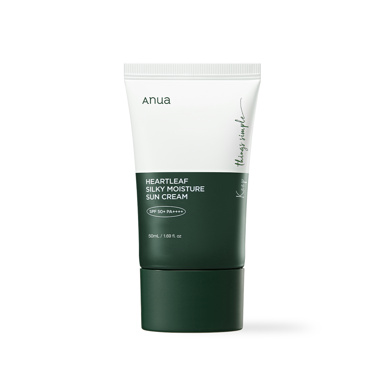 ANUA Heartleaf Silky Moisture Sunscreen 50ml — white tube with green heartleaf illustration