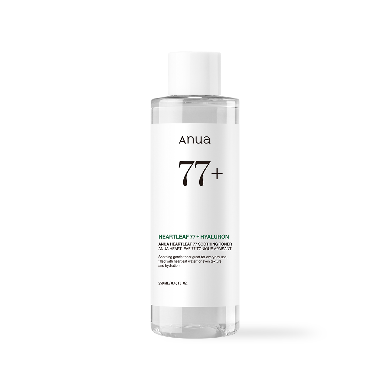 Anua Heartleaf 77% Soothing Toner 250ml — clear bottle with white minimal label front view