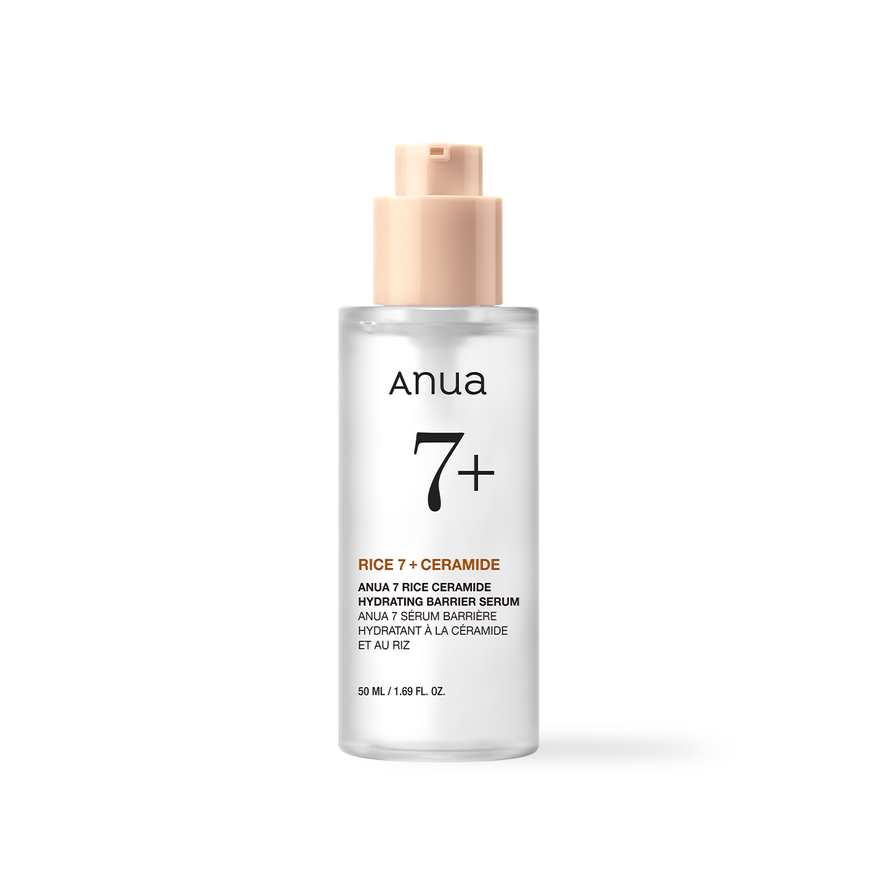 ANUA 7 Rice Ceramide Hydrating Barrier Serum 50ml — pump bottle with rice-grain label detail