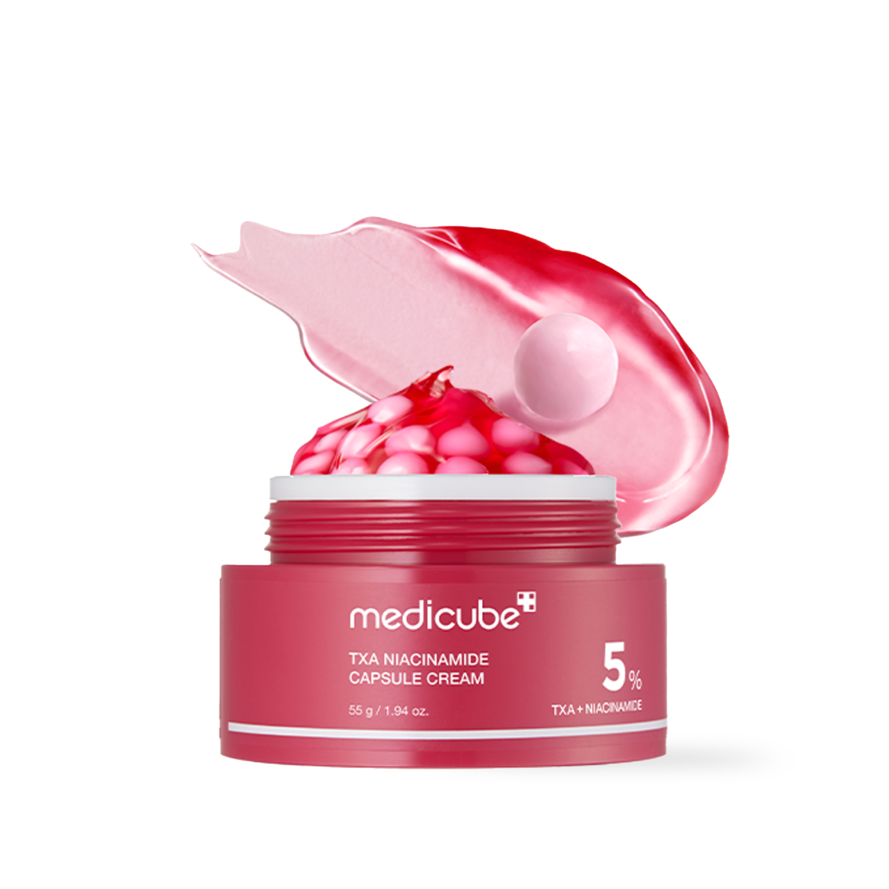 Medicube TXA Niacinamide Capsule Cream 55g — red capsule jar with transparent base, label front view