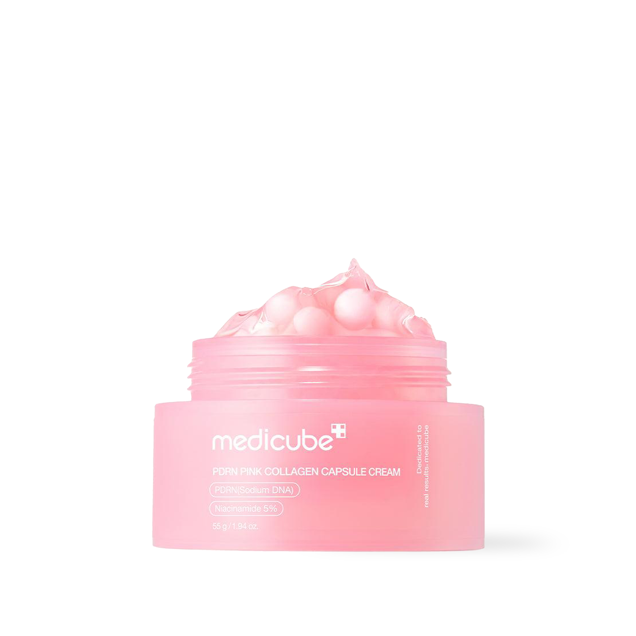 Medicube PDRN Pink Collagen Capsule Cream 55g — pink capsule cream jar with transparent gel base