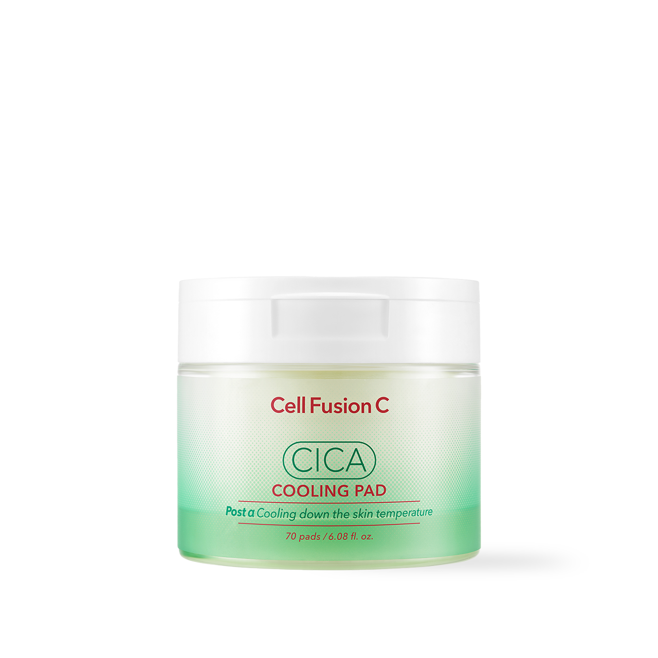 CellFusionC Post Alpha Cica Cooling Pad 180ml 70 pads — white tub with green centella leaf label on light surface