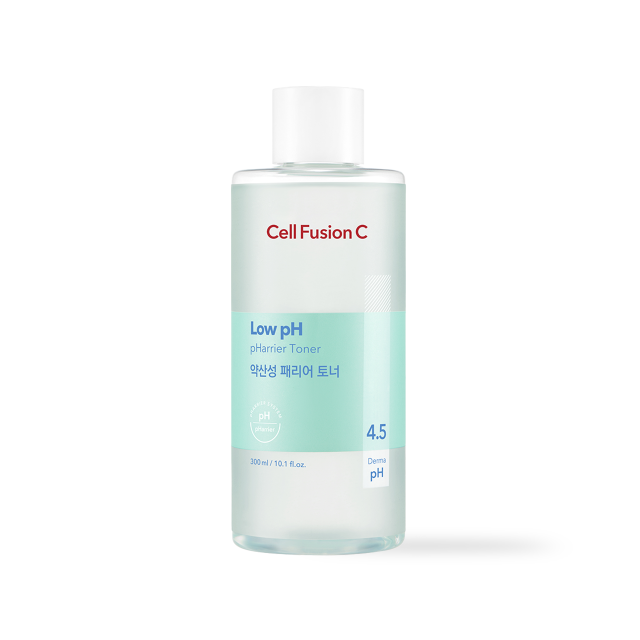 CellFusionC Low pH pHarrier Toner 300ml — large clear bottle with blue label and pump dispenser on white surface