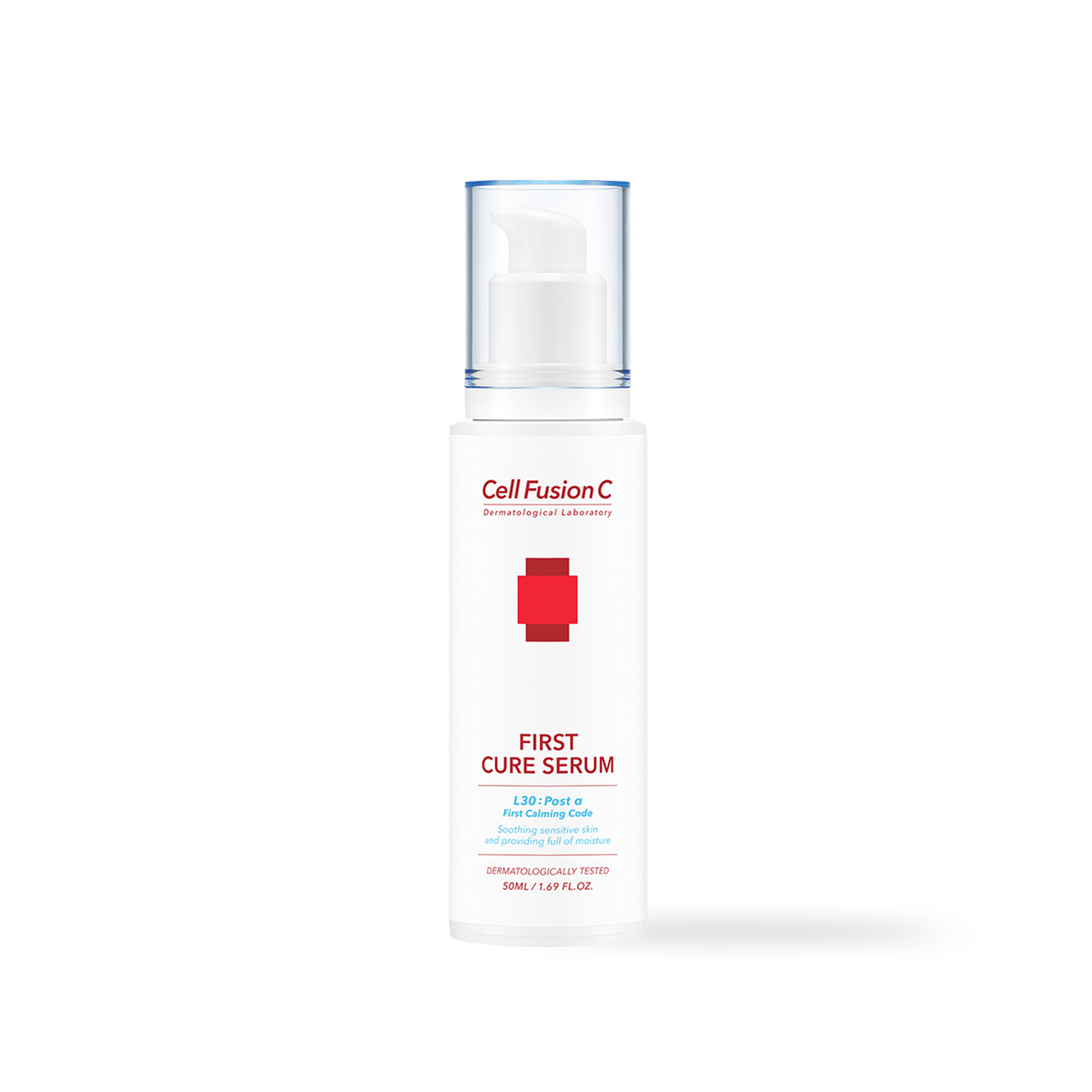 CellFusionC First Cure Serum 50ml — slim frosted bottle with white label on minimalist white surface