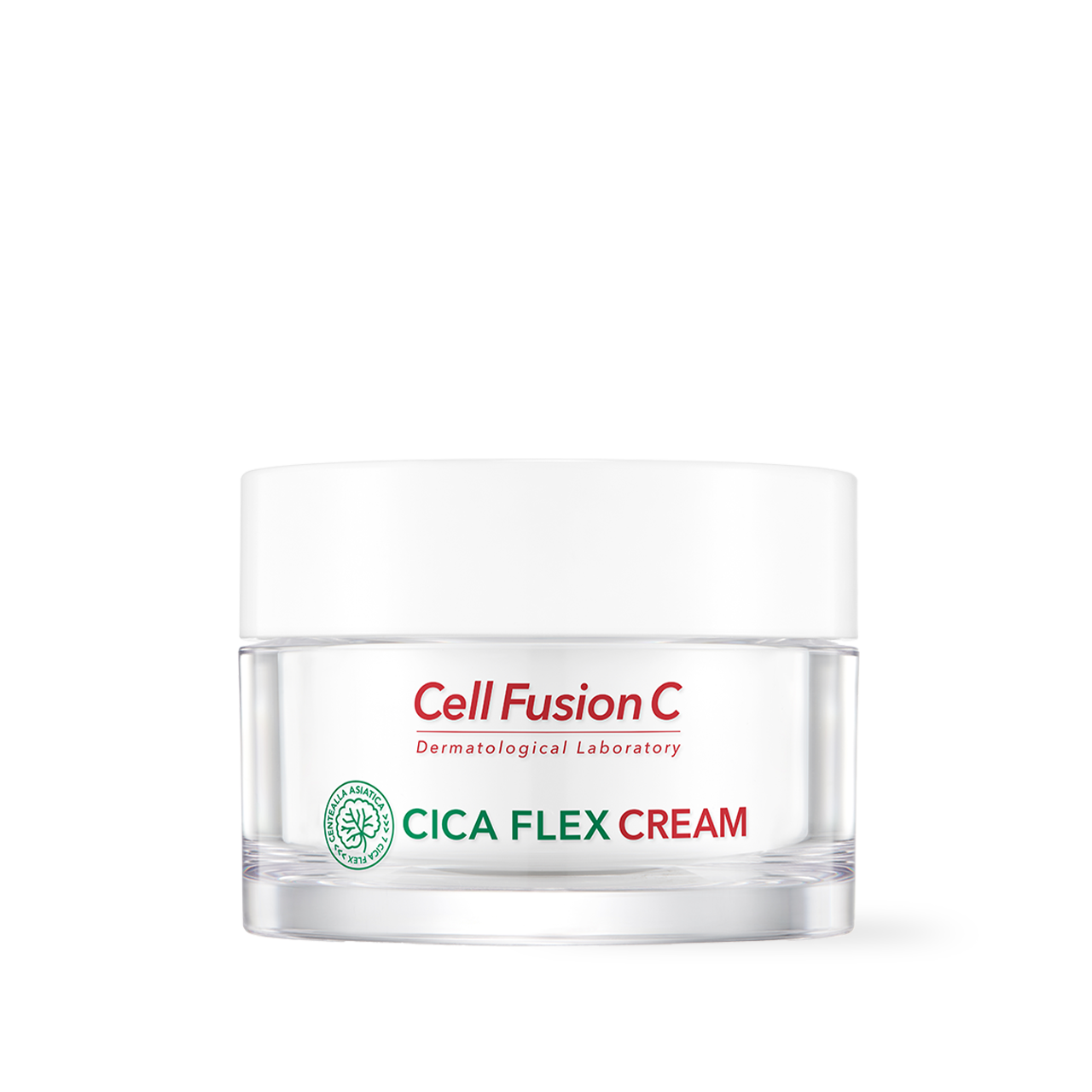CellFusionC Cica Flex Cream 55ml — white jar with green centella-motif label on clean studio surface