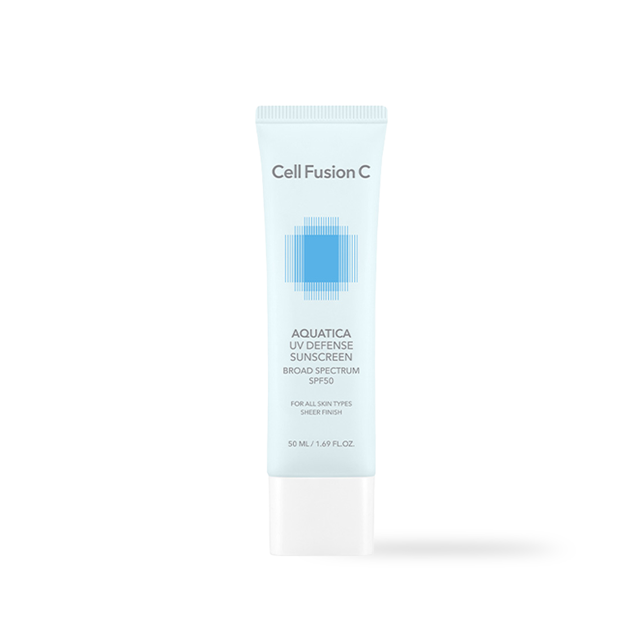 CellFusionC Aquatica UV Defense Sunscreen OTC 50ml — white pump bottle with teal label on light studio surface