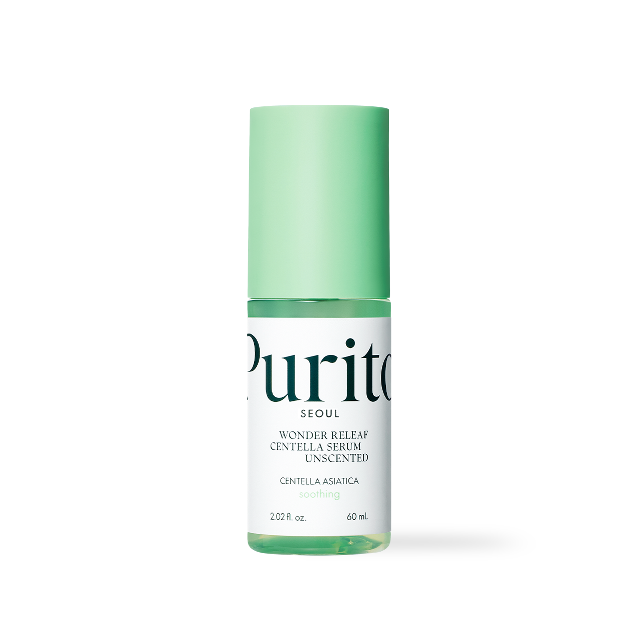 Purito Wonder Releaf Centella Serum Unscented 60ml — frosted pump bottle on neutral background