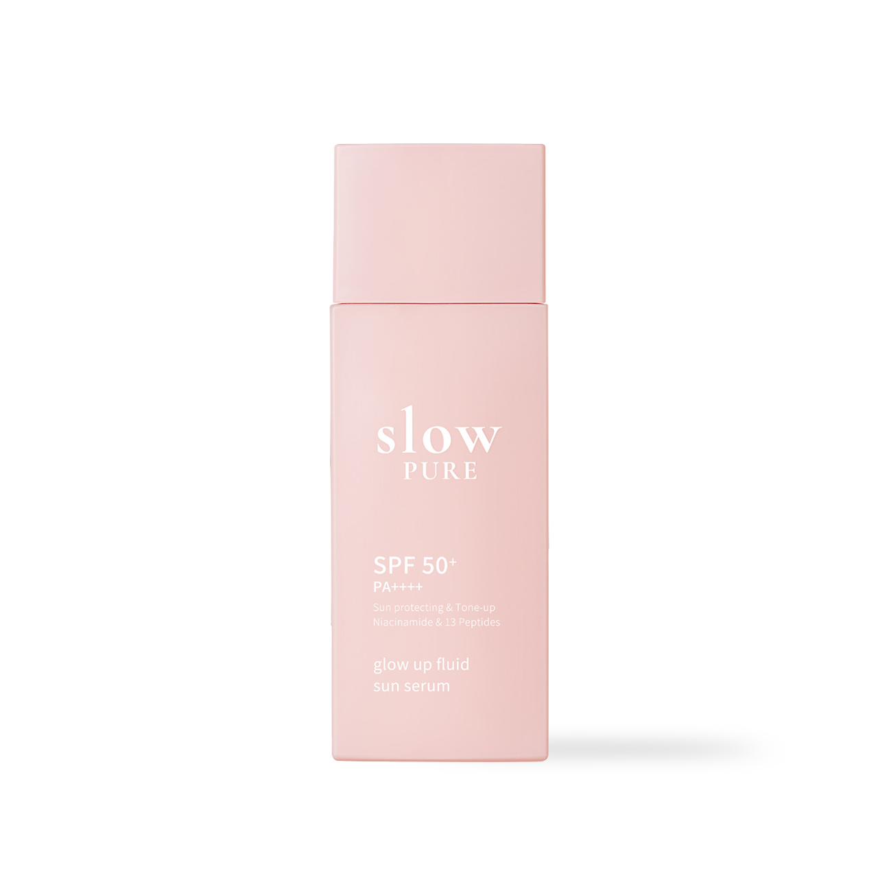 slowpure Glow Up Fluid Sun Serum SPF50+ PA++++ 50ml — pink-tinted serum tube with glow label