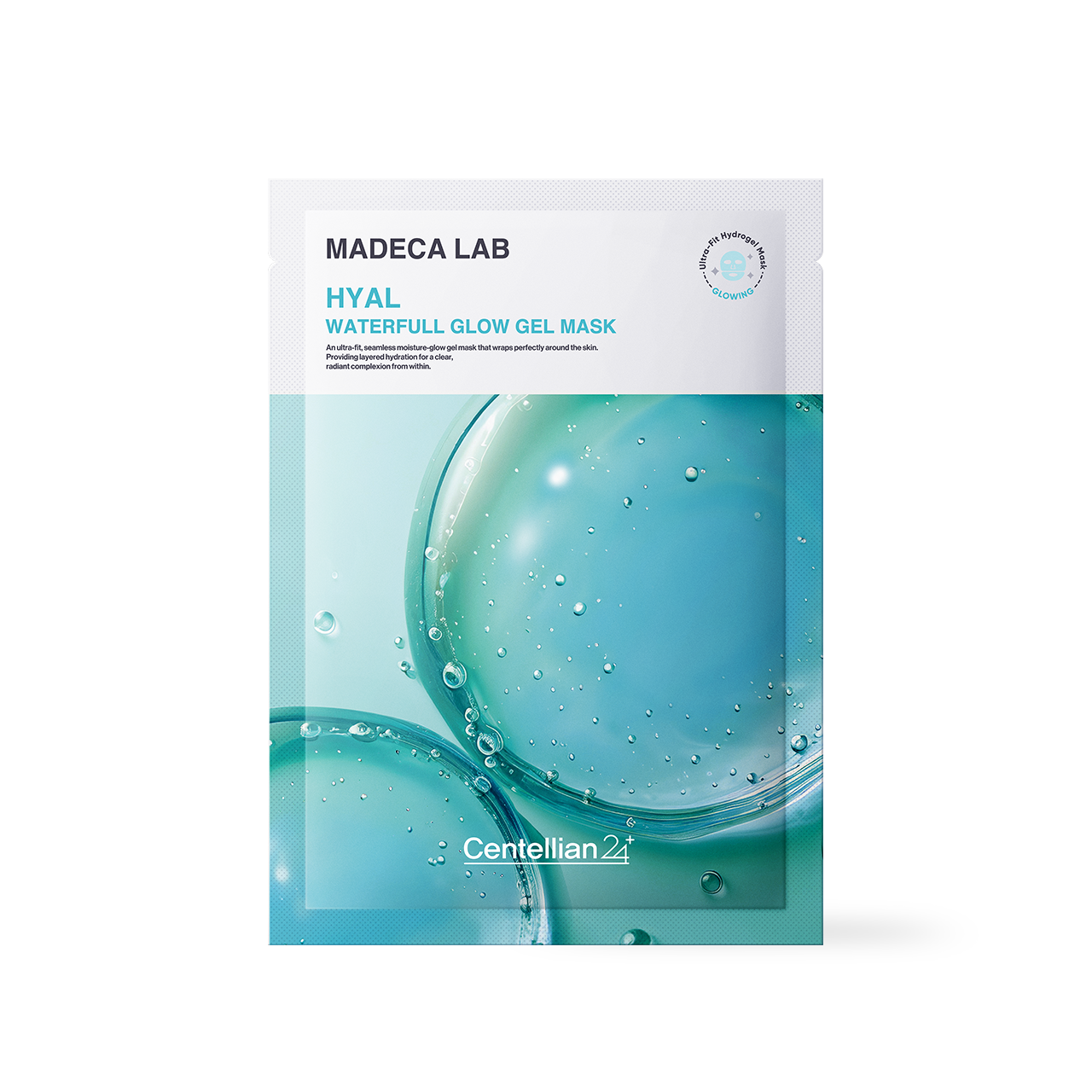 Centellian24 Madeca Lab Hyal Waterfull Glow Gel Mask 1EA — sealed gel sheet mask pouch on white background