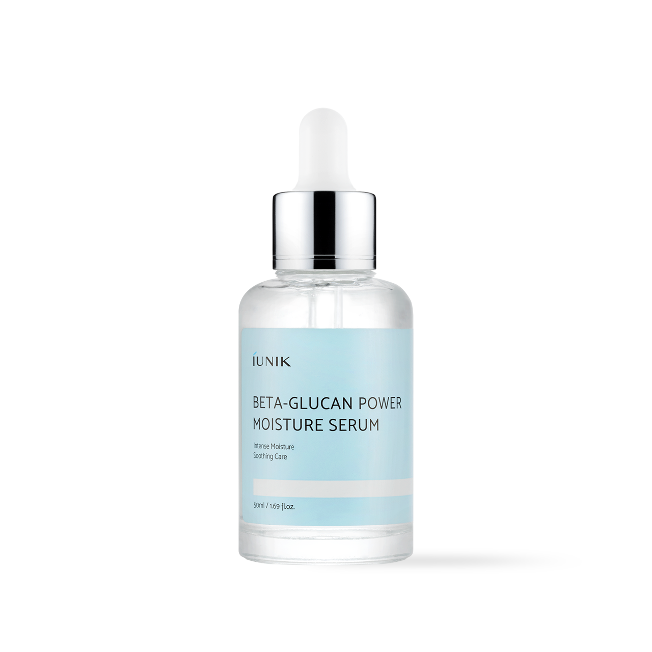 IUNIK Beta Glucan Power Moisture Serum 50ml — amber dropper bottle on clean background