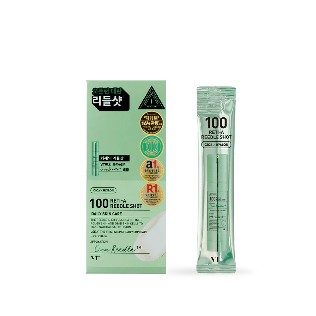 VT Cosmetics 100 RETI-A Reedle Shot 10ea — individual sachets with gold retinol line branding