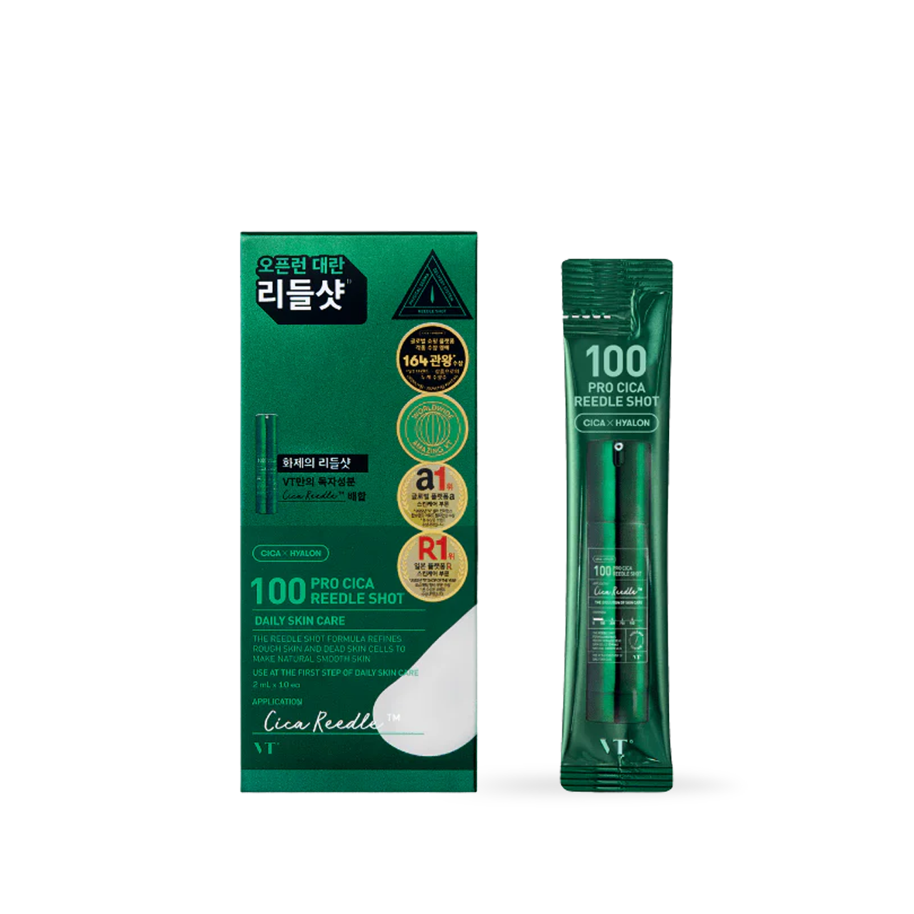 VT Cosmetics 100 PRO CICA Reedle Shot 10ea — sachet packets with green cica-themed packaging