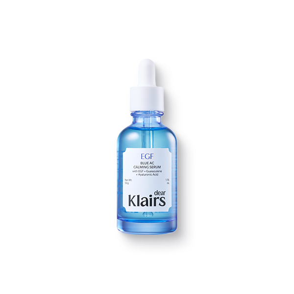 Dear,Klairs EGF Blue AC Calming Serum 50g — blue airless pump tube on clean background