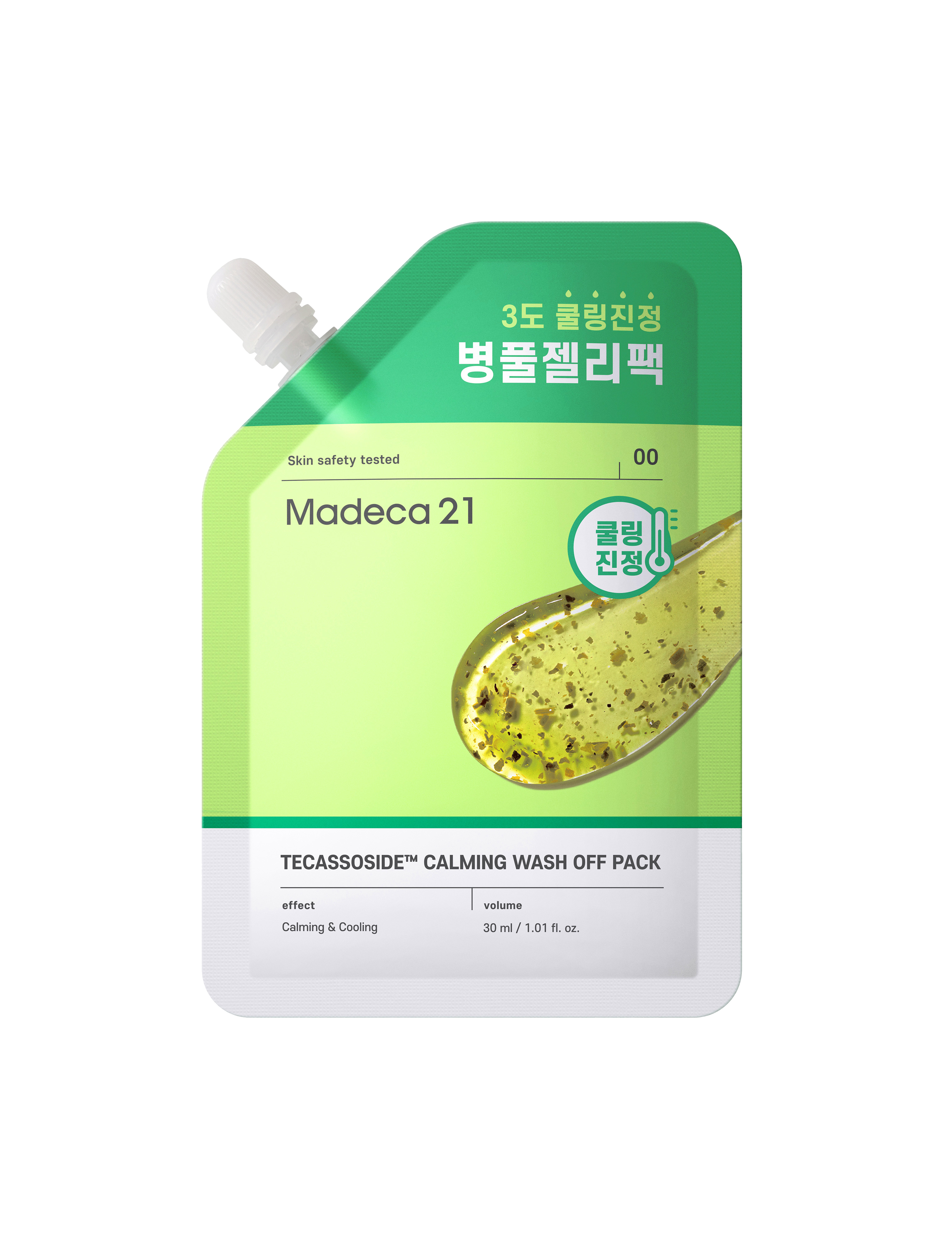 Madeca21 Tecassoside Calming Wash Off Pack 30ml — green jelly mask jar on white background