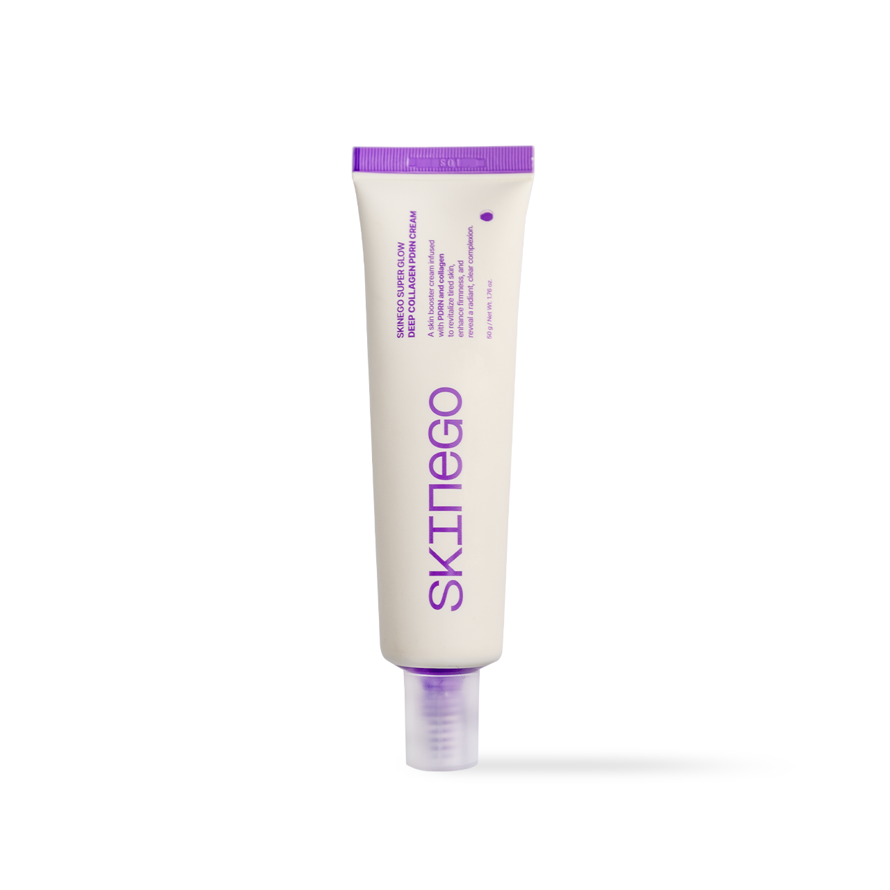 Skinego Super Glow Deep Collagen PDRN Cream 50g — pink-tinted cream jar with lid off showing texture