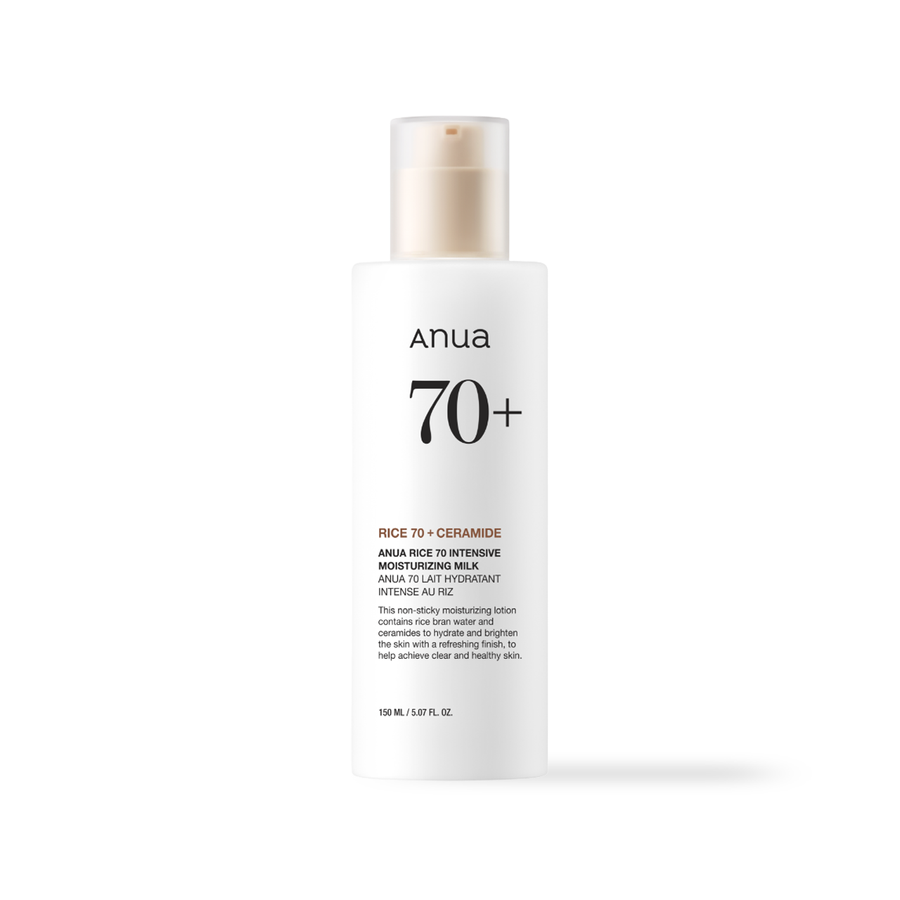 Anua Rice 70 Intensive Moisturizing Milk 150ml — white pump bottle with rice grain motif on label