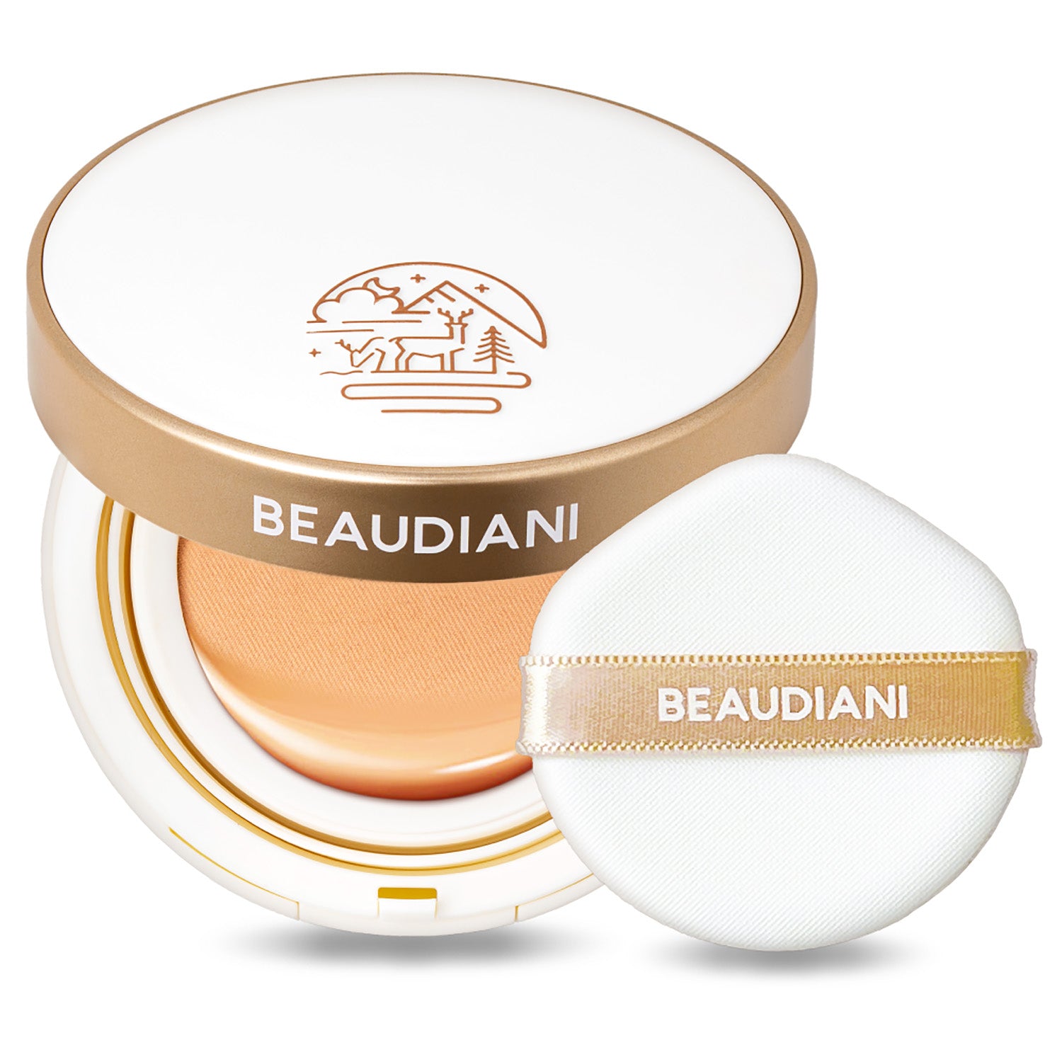 Beaudiani Mesh Glow Up Cushion 12g — puff applicator and compact shown together on white surface