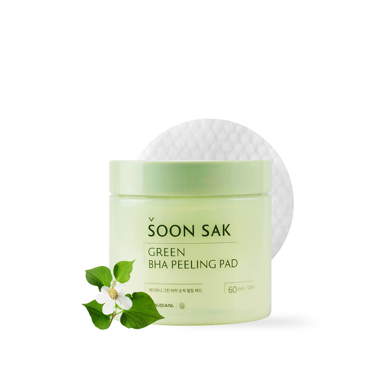 Beaudiani Green BHA Soon Sak Peeling Pad 60ea — open jar showing embossed cotton pads with green label