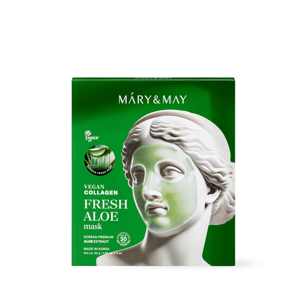 Mary&May Vegan Collagen Fresh Aloe Mask — four green hydrogel sheet mask pouches on white background