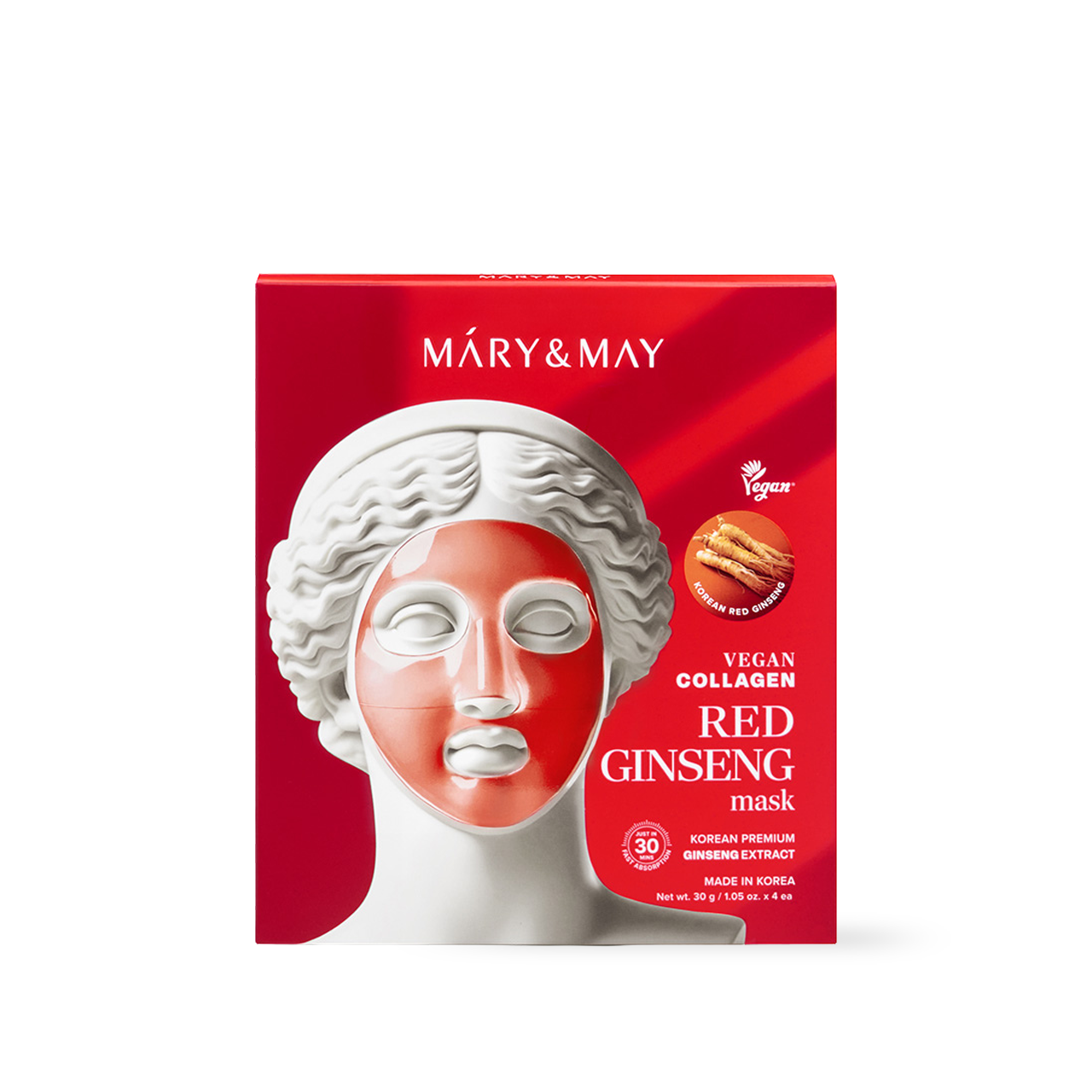 Mary&May Vegan Collagen Red Ginseng Mask — four red hydrogel sheet mask pouches, product set front view