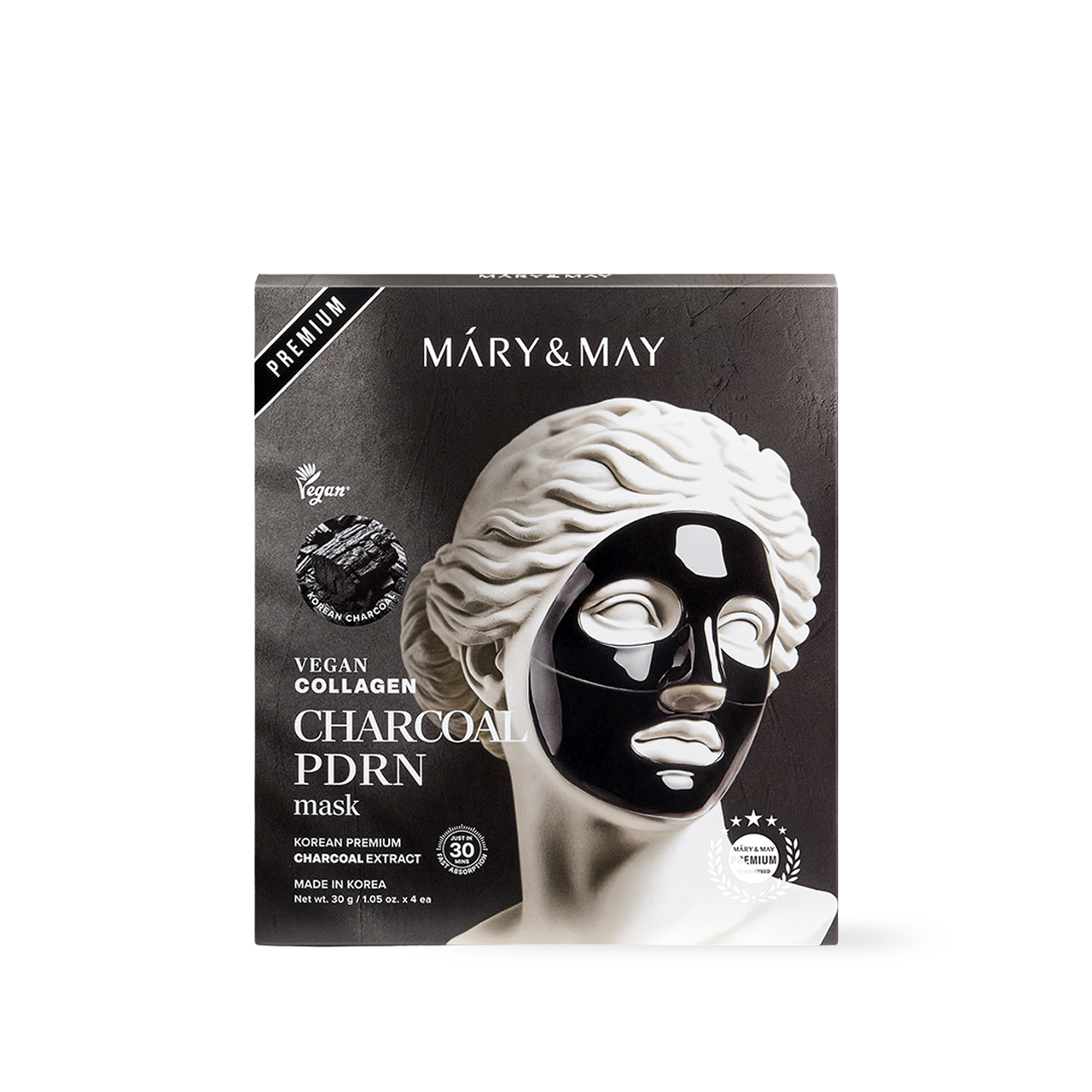 Mary&May Vegan Collagen Charcoal PDRN Mask — four dark hydrogel sheet mask pouches in a set