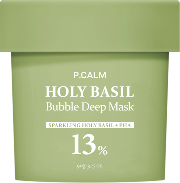 P.CALM Holy Basil Bubble Deep Mask 90g — green jar with white foam on lid display