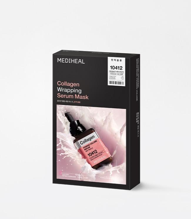 Mediheal Collagen Wrapping Serum Mask Firming Volume 10ea — white film wrapping mask on product box