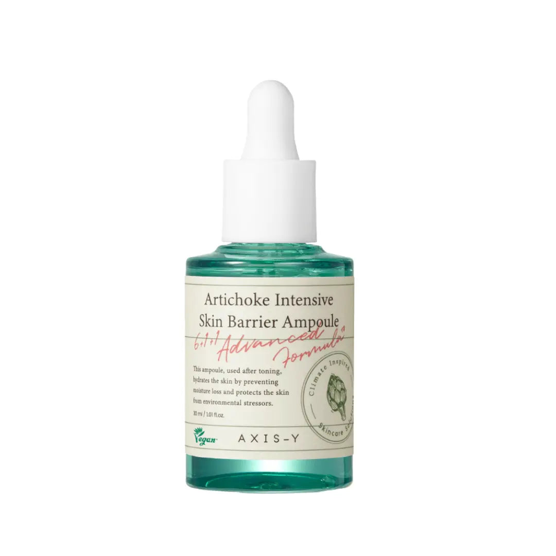 AXIS-Y Artichoke Intensive Skin Barrier Ampoule 30ml — dropper bottle with green label on white surface