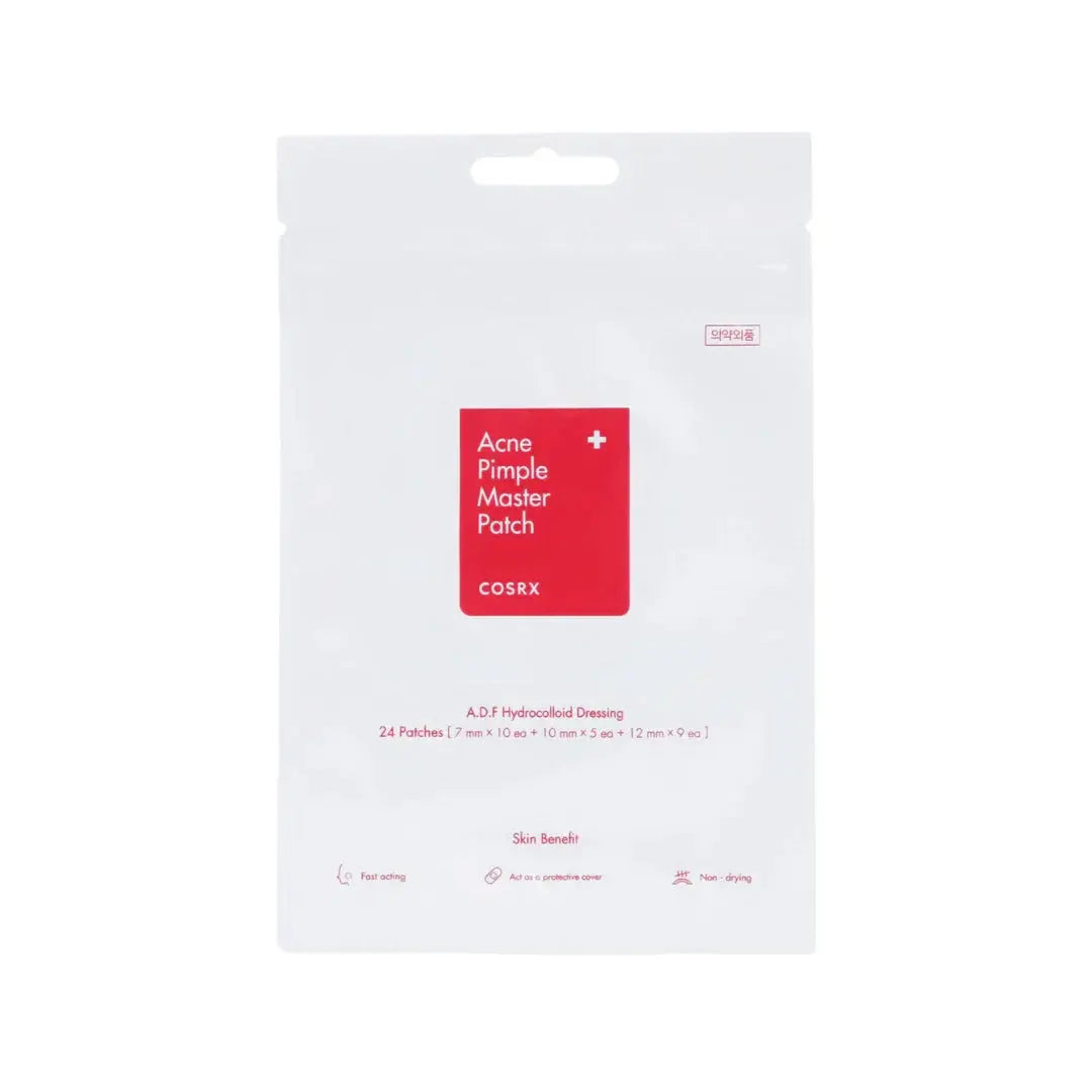 COSRX acne pimple master patch packaging featuring 24 hydrocolloid patches for effective acne treatment.