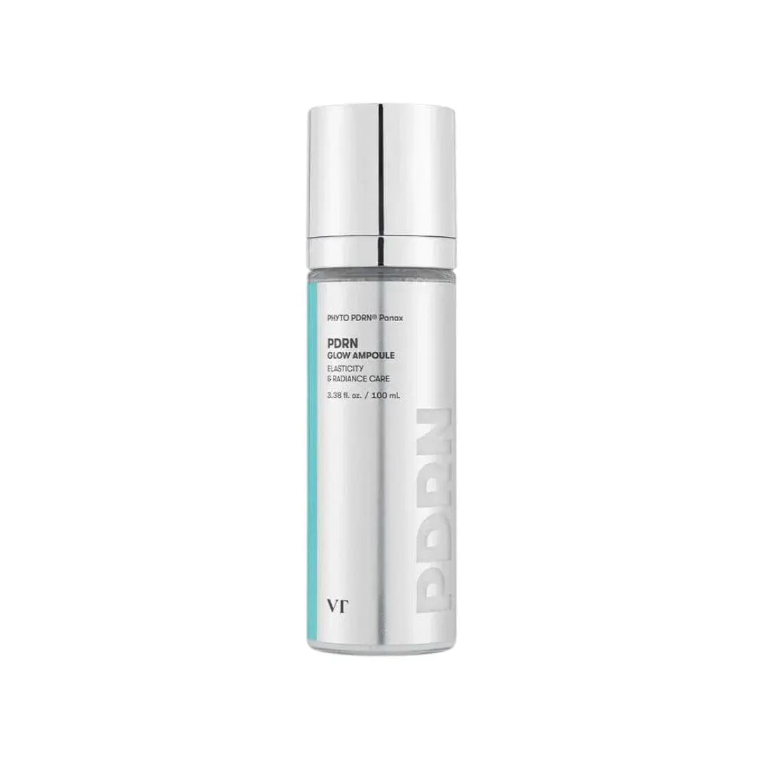 VT Cosmetics PDRN Glow Ampoule 100ml with a sleek silver bottle, designed to revive dull skin and enhance radiance.