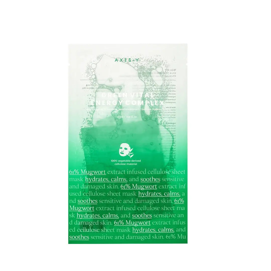 AXIS-Y Mugwort Green Vital Energy Sheet Mask 27ml — individual foil pouch with green mugwort imagery