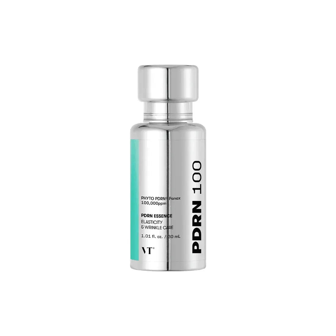 VT PDRN essence in a sleek silver bottle, promoting skin elasticity and rejuvenation, 30ml.