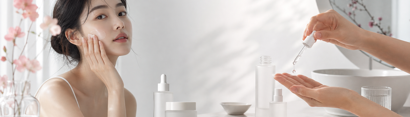 Premium Korean skincare routine with model, serum dropper, glass, and clean unbranded skincare forms