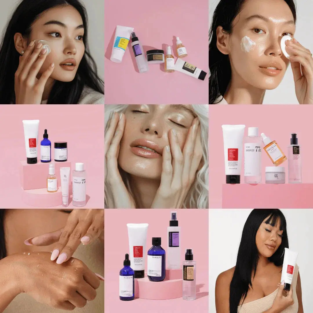 Collage of Korean skincare products and people applying cream and toner