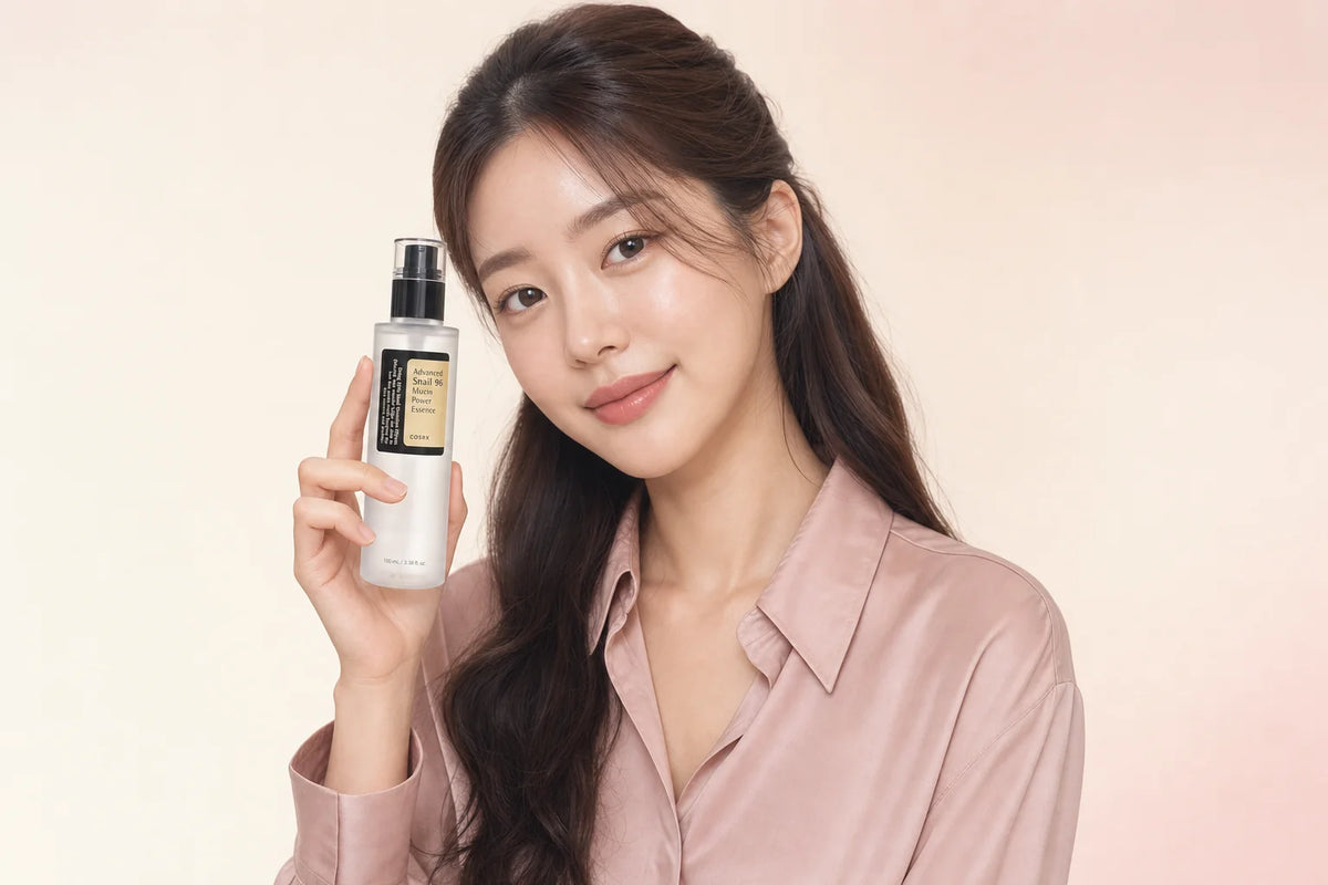 Woman holding a COSRX Advanced Snail 96 Mucin Power Essence bottle, the essence step between toner and serum