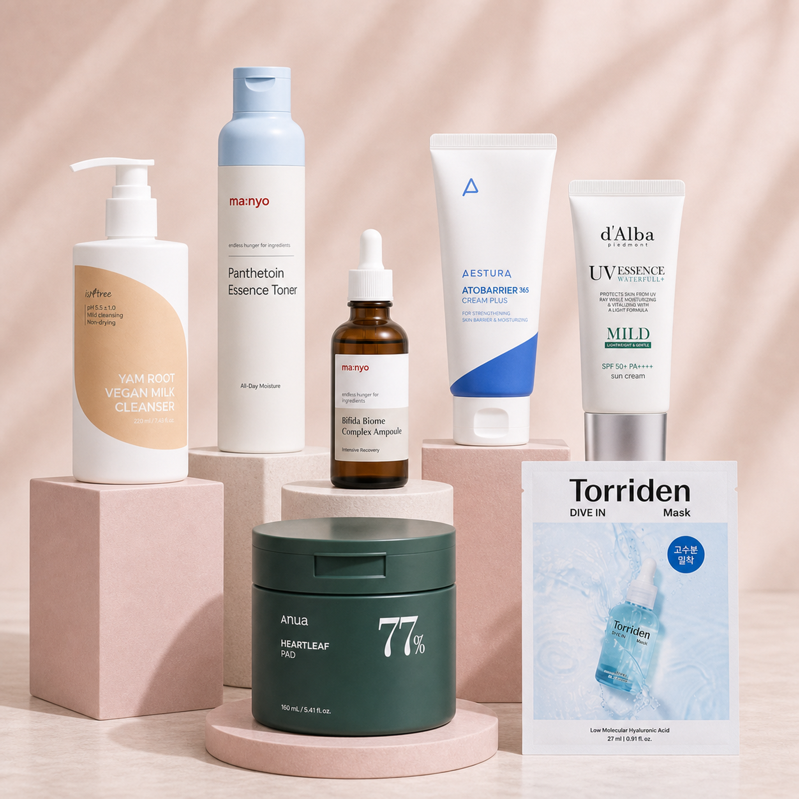 Clear Skin Pro Korean skincare kit with 7 products including Yam Root Vegan Milk Cleanser 220ml, Heartleaf 77% Clear Pad 70ea, Panthetoin Essence Toner 200ml