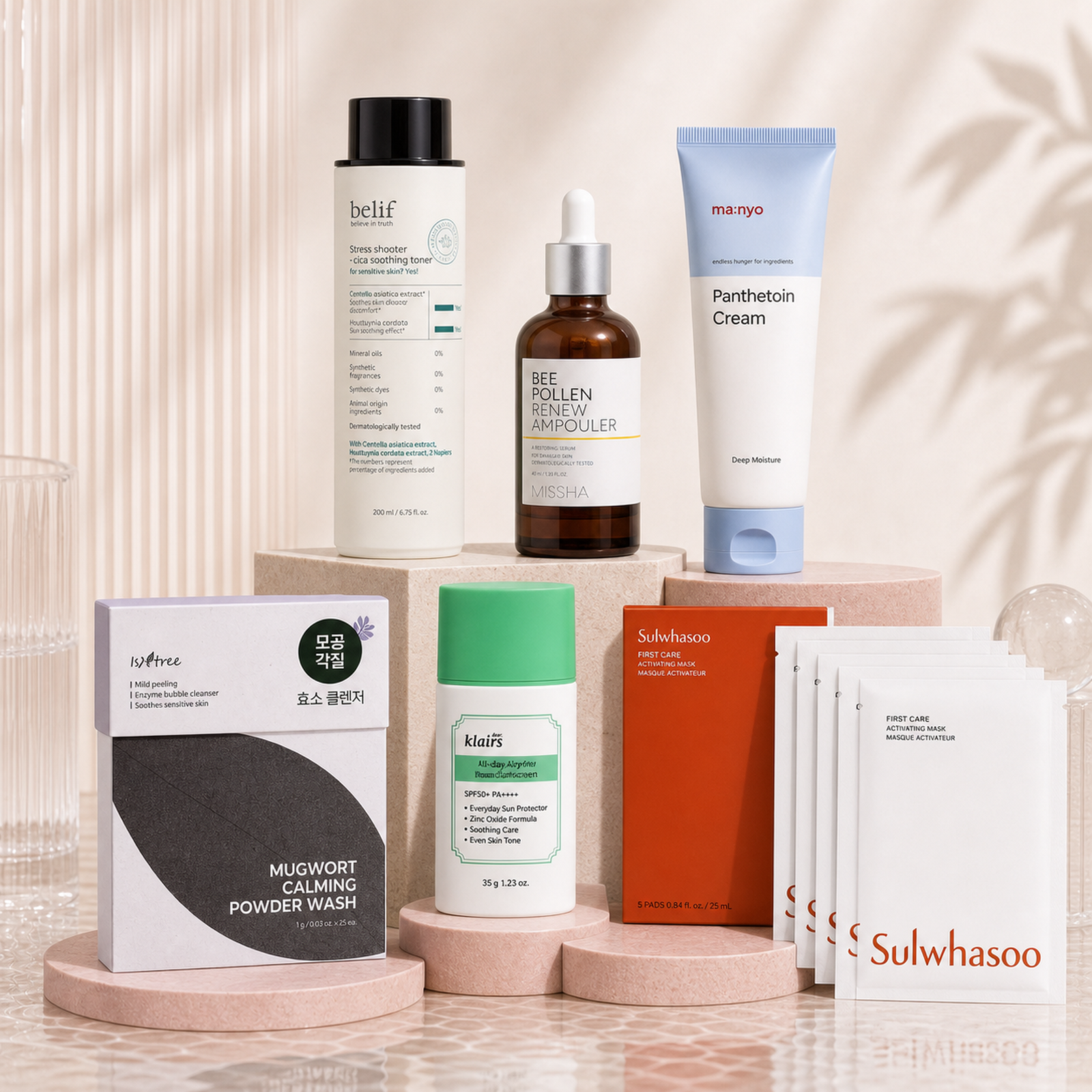 Calm & Repair Pro Korean skincare kit with 6 products including Mugwort Calming Powder Wash 1g*25ea, Stress shooter - cica soothing toner 200 ml, Bee Pollen Renew Ampouler 40ml