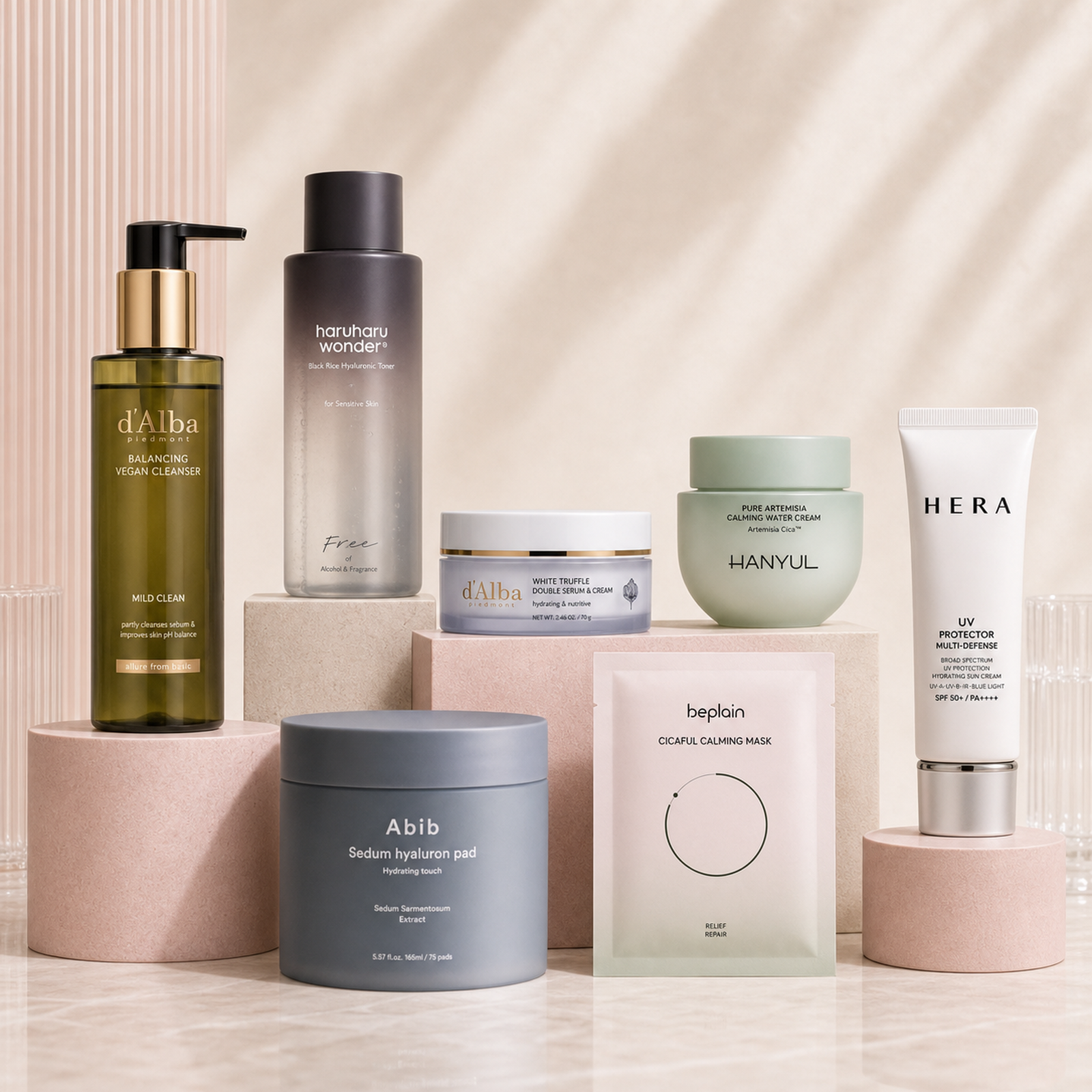 Radiance Pro Korean skincare kit with 7 products including Mild Skin Balancing Vegan Cleanser 200ml, Sedum hyaluron pad Hydrating touch - 165ml. 75 pads, Black Rice Hyaluronic Toner for Sensitive Skin 300ml