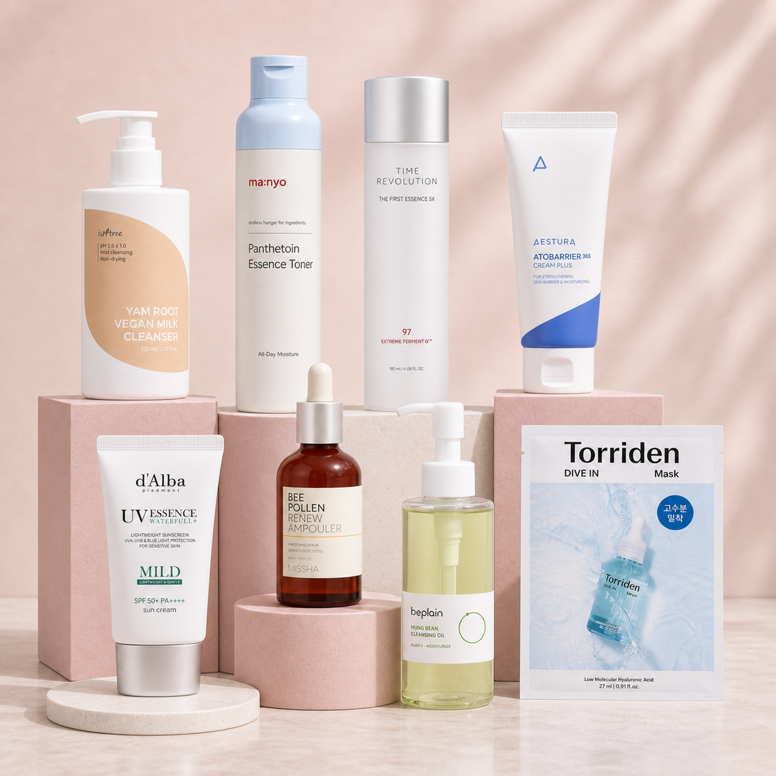 Hydration & Barrier Pro Korean skincare kit with 8 products including Mung Bean Cleansing Oil 200ml, Yam Root Vegan Milk Cleanser 220ml, Panthetoin Essence Toner 200ml