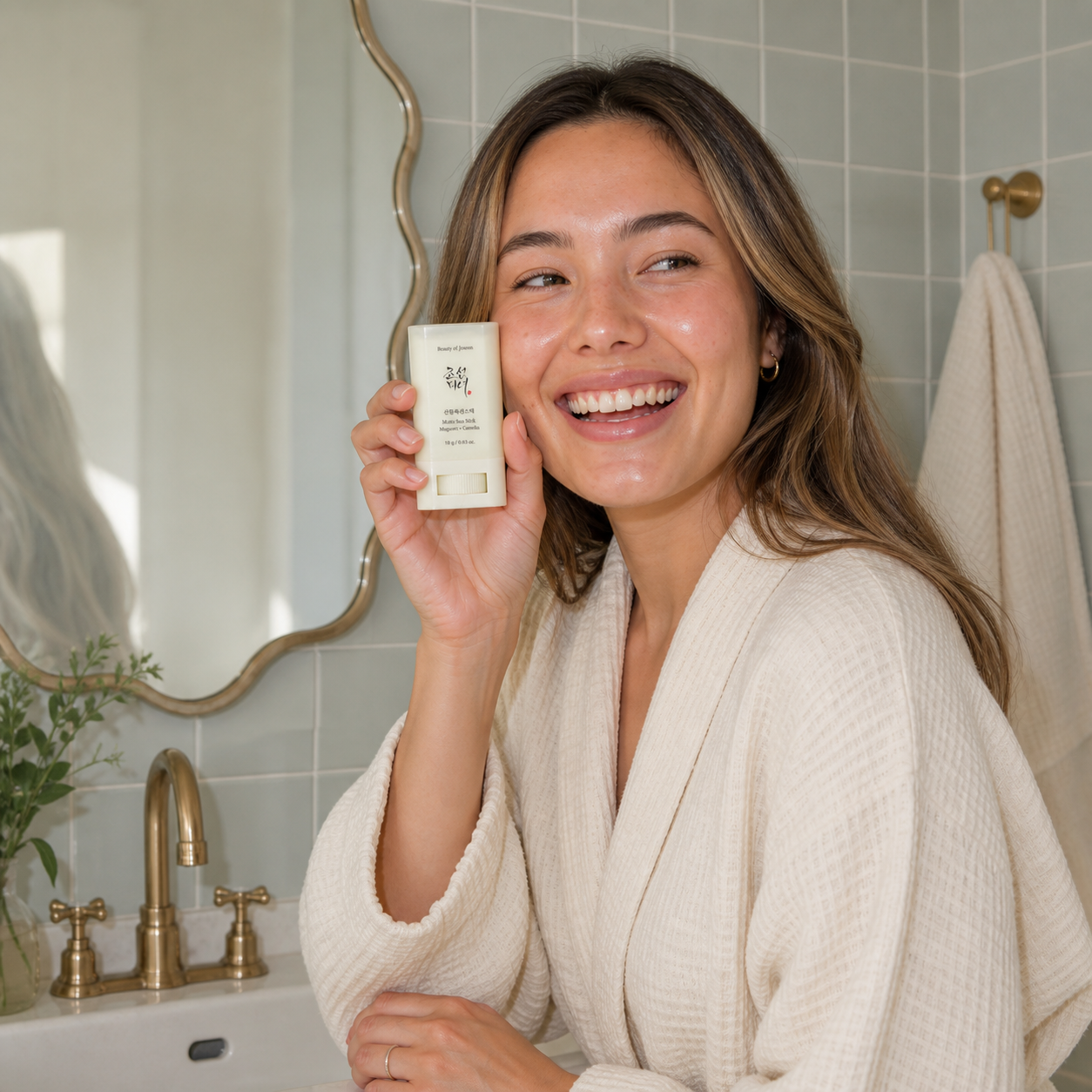 [BeautyOfJoseon] Matte Sun Stick : Mugwort + Camelia 18g — strict-quality-v1 — 01-mixed-korean-nordic-sage-bathroom