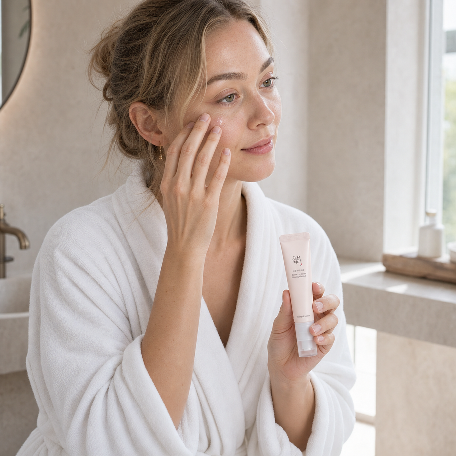 Beauty of Joseon Revive Eye Serum in a premium Nordic bathroom lifestyle routine