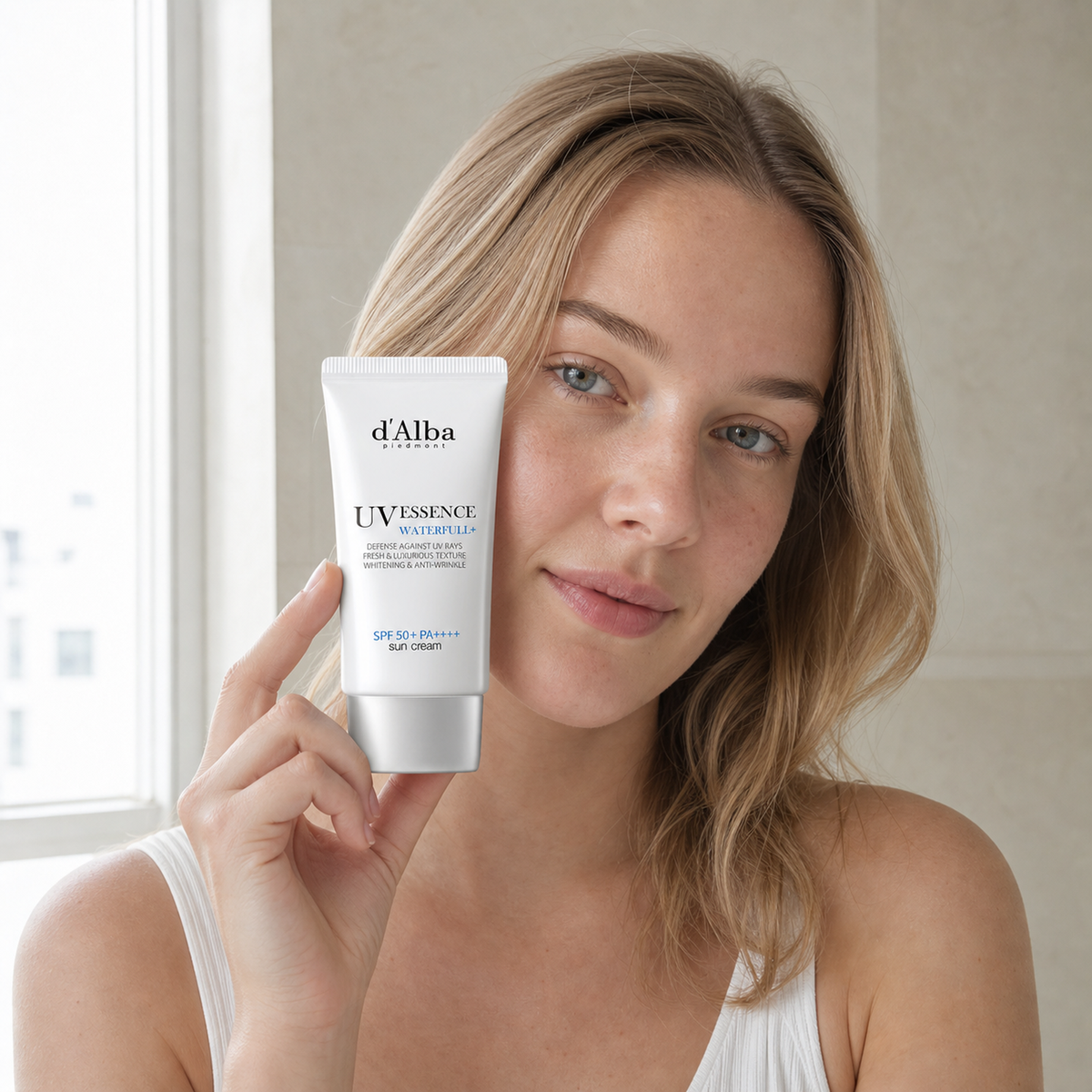 [d'Alba] Waterful Essence Sunscreen 50ml - Nordic person lifestyle PDP image