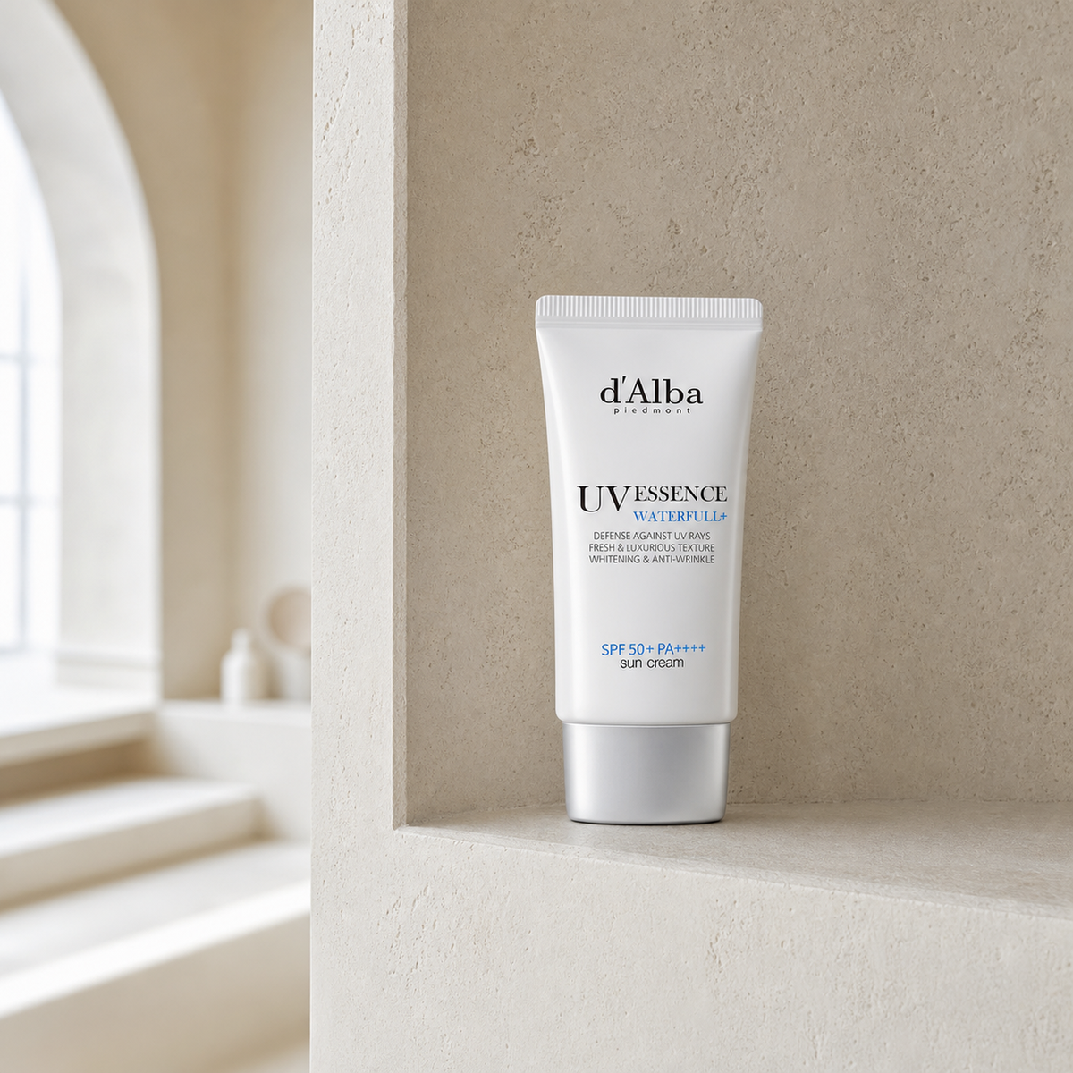[d'Alba] Waterful Essence Sunscreen 50ml - Bathroom spa shelf PDP image