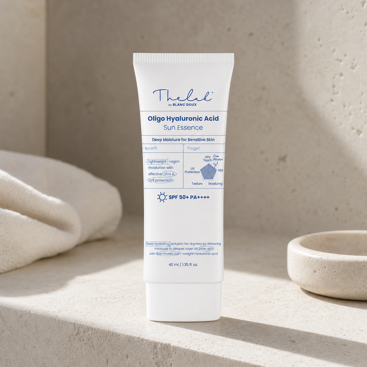 [THE LAB by BLANC DOUX] Oligo Hyaluronic Acid Sun Essence 40ml - Bathroom spa shelf PDP image