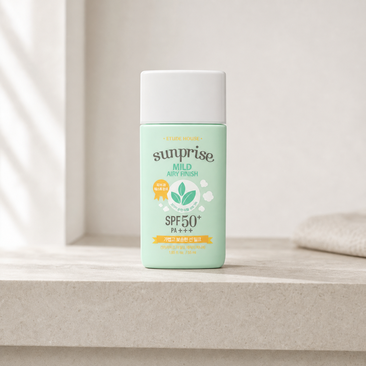 [EtudeHouse] Sunprise Mild Airy Finish Sun Milk SPF50+ / PA+++ 55ml - Bathroom spa shelf PDP image
