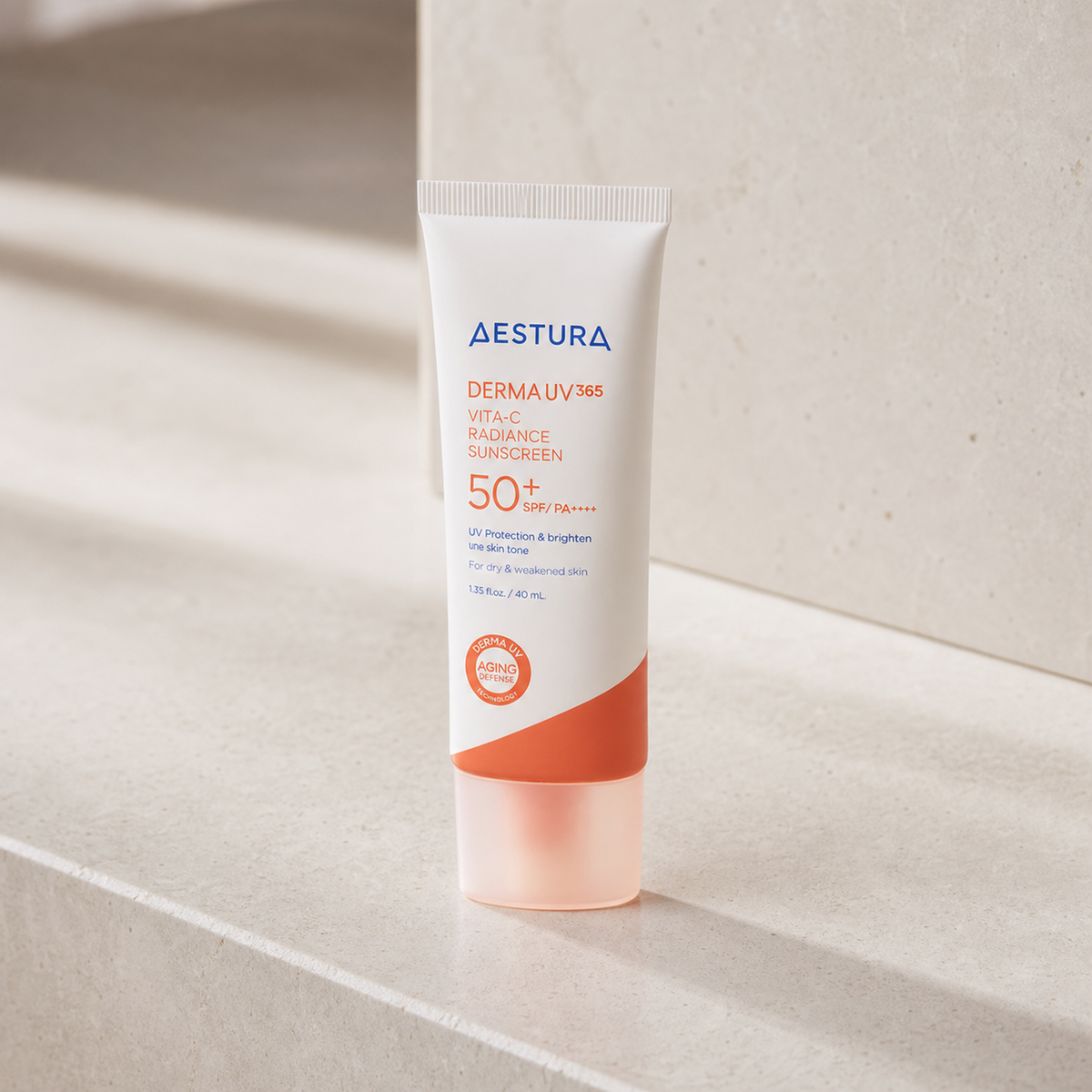 [Aestura] Derma UV 365 VITA-C Radiance Sunscreen 40ml - Bathroom spa shelf PDP image