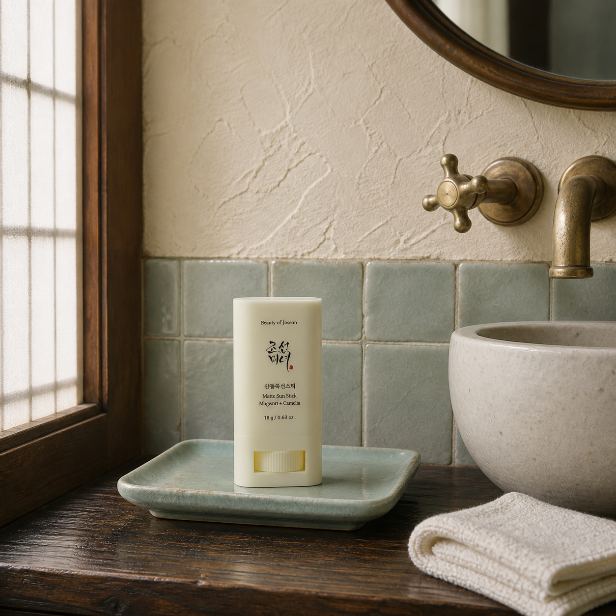[BeautyOfJoseon] Matte Sun Stick : Mugwort + Camelia 18g — strict-quality-v1 — 03-celadon-product-only-bathroom