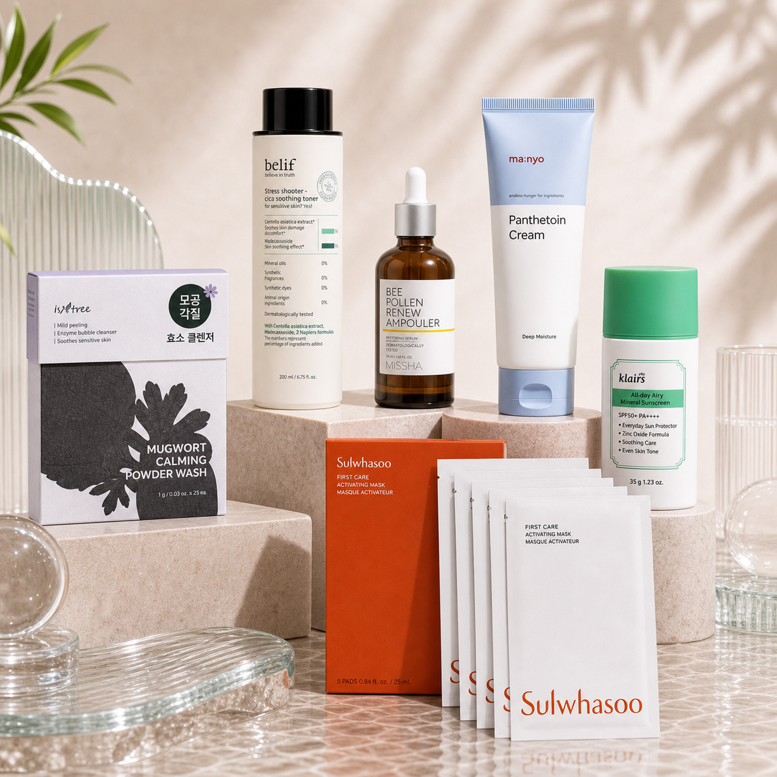 Calm & Repair Pro Korean skincare kit in a premium editorial setup